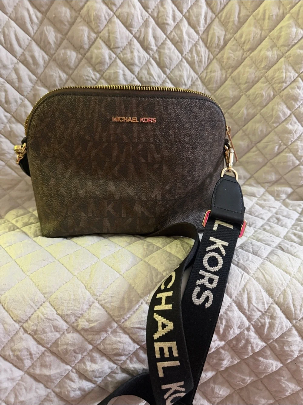 Michael Kors Brown MK Logo Crossbody with Black Strap
